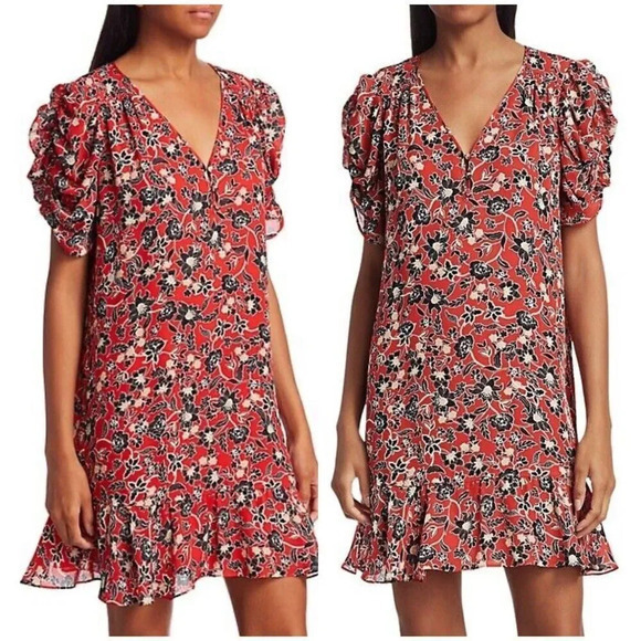 Parker Womens Dress M 100% Silk‎ Floral Ruched Short Sleeves Ruffle Hem Short - Picture 1 of 13